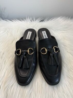 Steve Madden Black Leather Tassel Mule Loafers with Gold Hardware